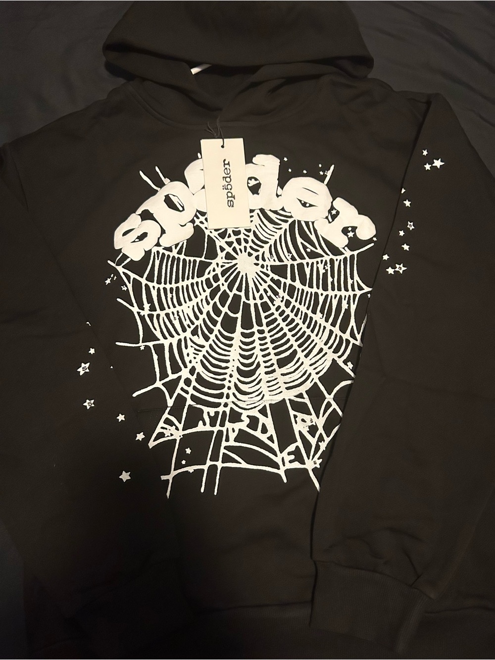 Sp5der Black Crewneck Sweater with White Spiderweb Graphic - Men